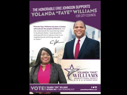 A screenshot of a flyer released by Dallas City Council District 5 candidate Yolanda Faye...