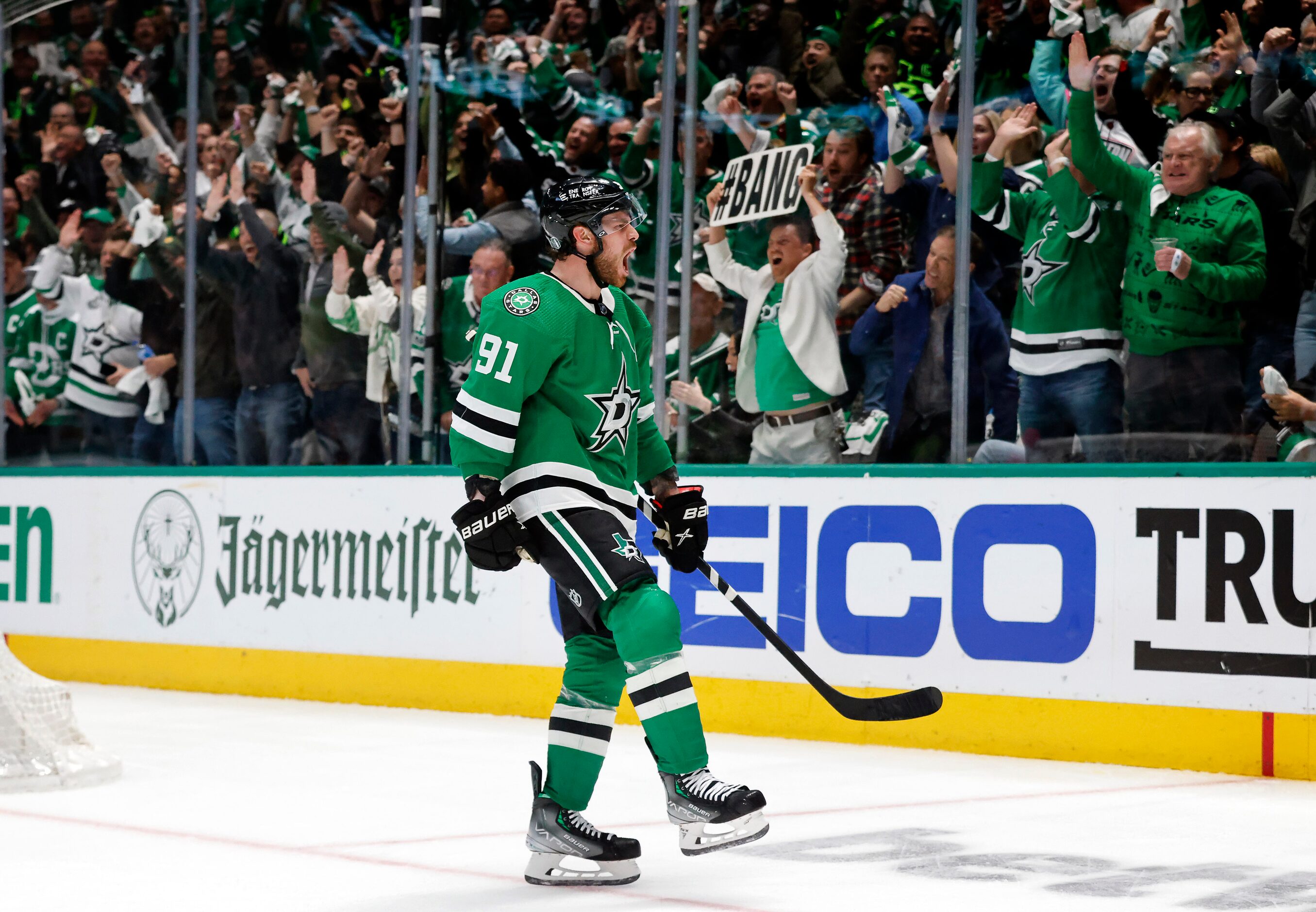 Dallas Stars center Tyler Seguin (91) reacts after scoring on Minnesota Wild goaltender...