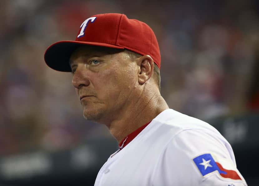 Sep 29, 2015; Arlington, TX, USA; Texas Rangers manager Jeff Banister (28) during the game...