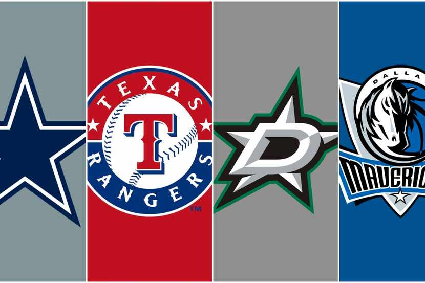 The logos for the Dallas Cowboys, Texas Rangers, Dallas Stars and Dallas Mavericks.