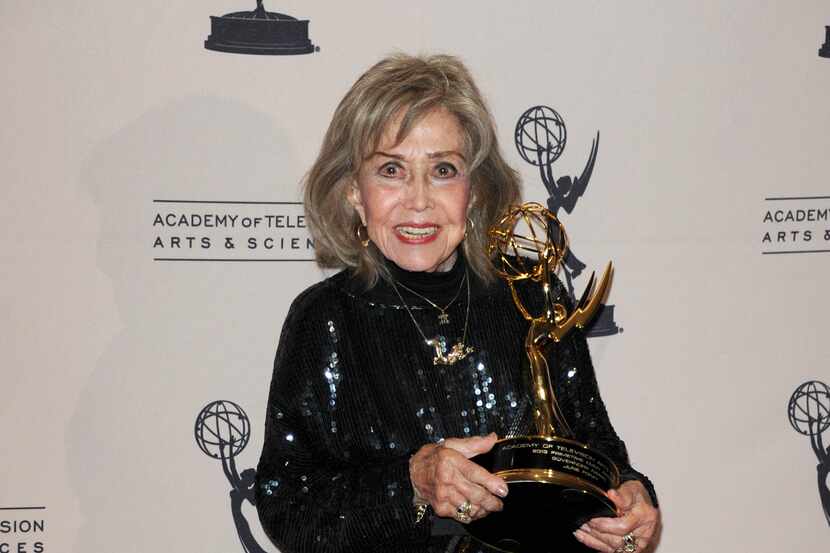 June Foray poses backstage with the Govenors award at the Primetime Creative Arts Emmy...