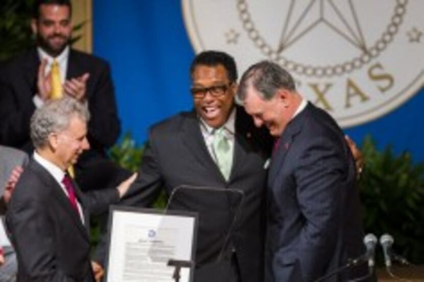  Dwaine Caraway says goodbye to Dallas City Manager A.C. Gonzalez and Dallas Mayor Mike...