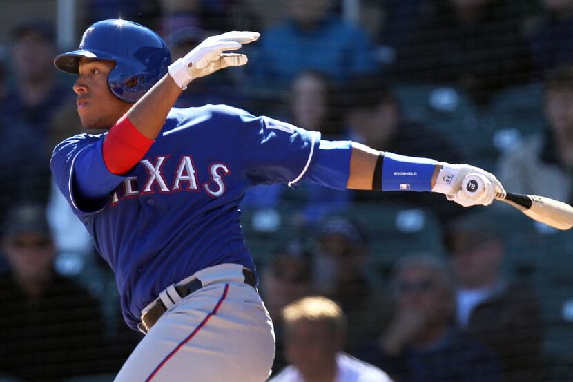 Texas third baseman Yangervis Solarte is pictured during the Texas Rangers vs. the Colorado...