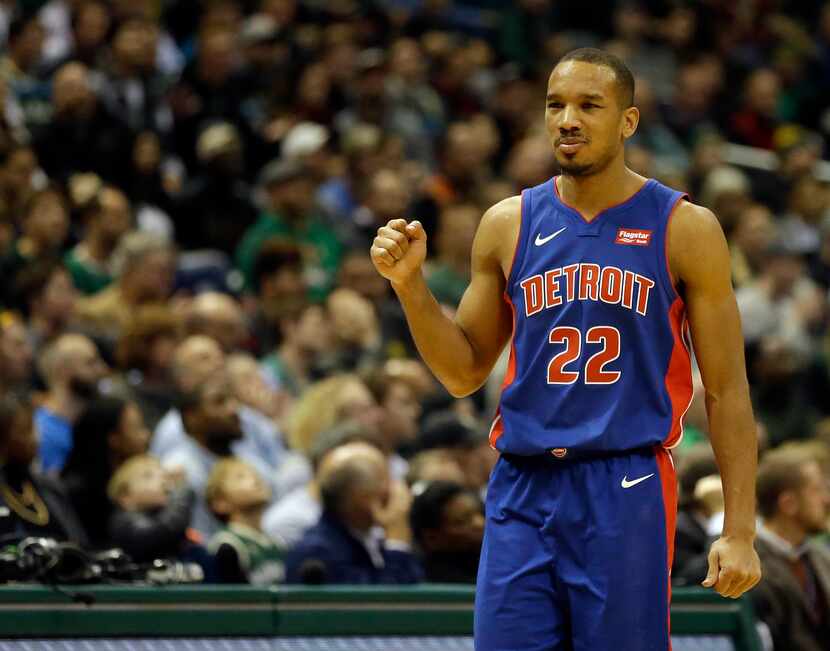 FILE - Detroit Pistons' Avery Bradley pumps his fist during the second half of an NBA...