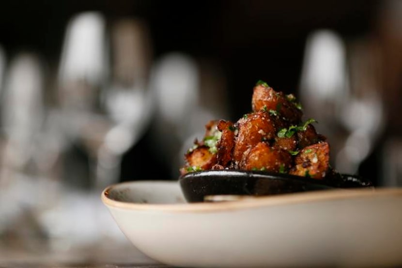 
Crushed then fried tiny Yukon Gold potatoes
