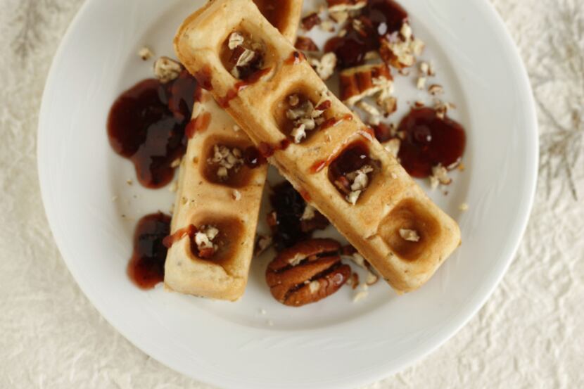 CHICKEN AND WAFFLES: Top waffle sticks with diced chicken, a drop of raspberry chipotle...