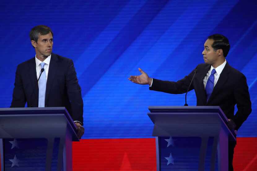 Former Texas Congressman Beto O'Rourke (left) looked on as former federal Housing and Urban...