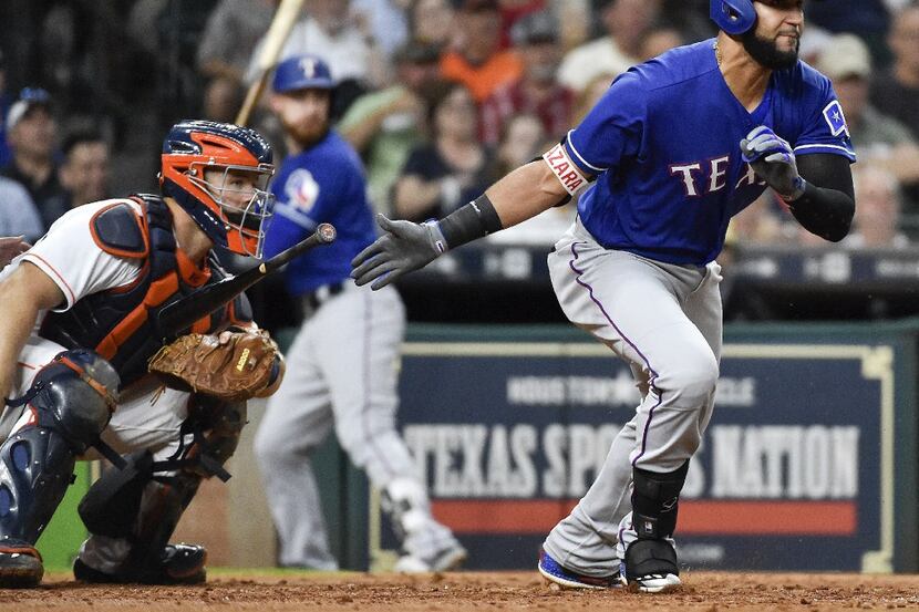 HOUSTON, TX - MAY 2: Nomar Mazara #30 of the Texas Rangers hits a single during the fourth...