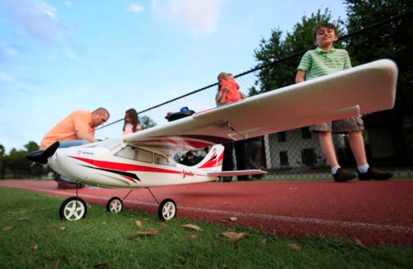 
An E-flite Apprentice S radio controlled airplane that the Valle family fly in a Highland...