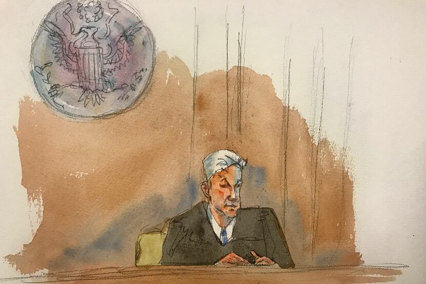 In this courtroom sketch, Judge Richard M. Berman speaking as he denies Jeffrey Epstein bail...