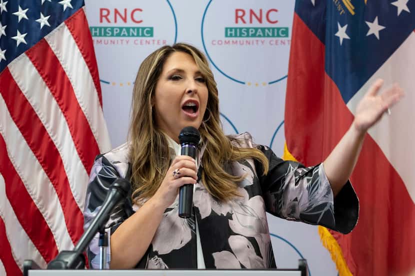 Republican National Committee Chair Ronna McDaniel speaks to a packed room at the opening of...