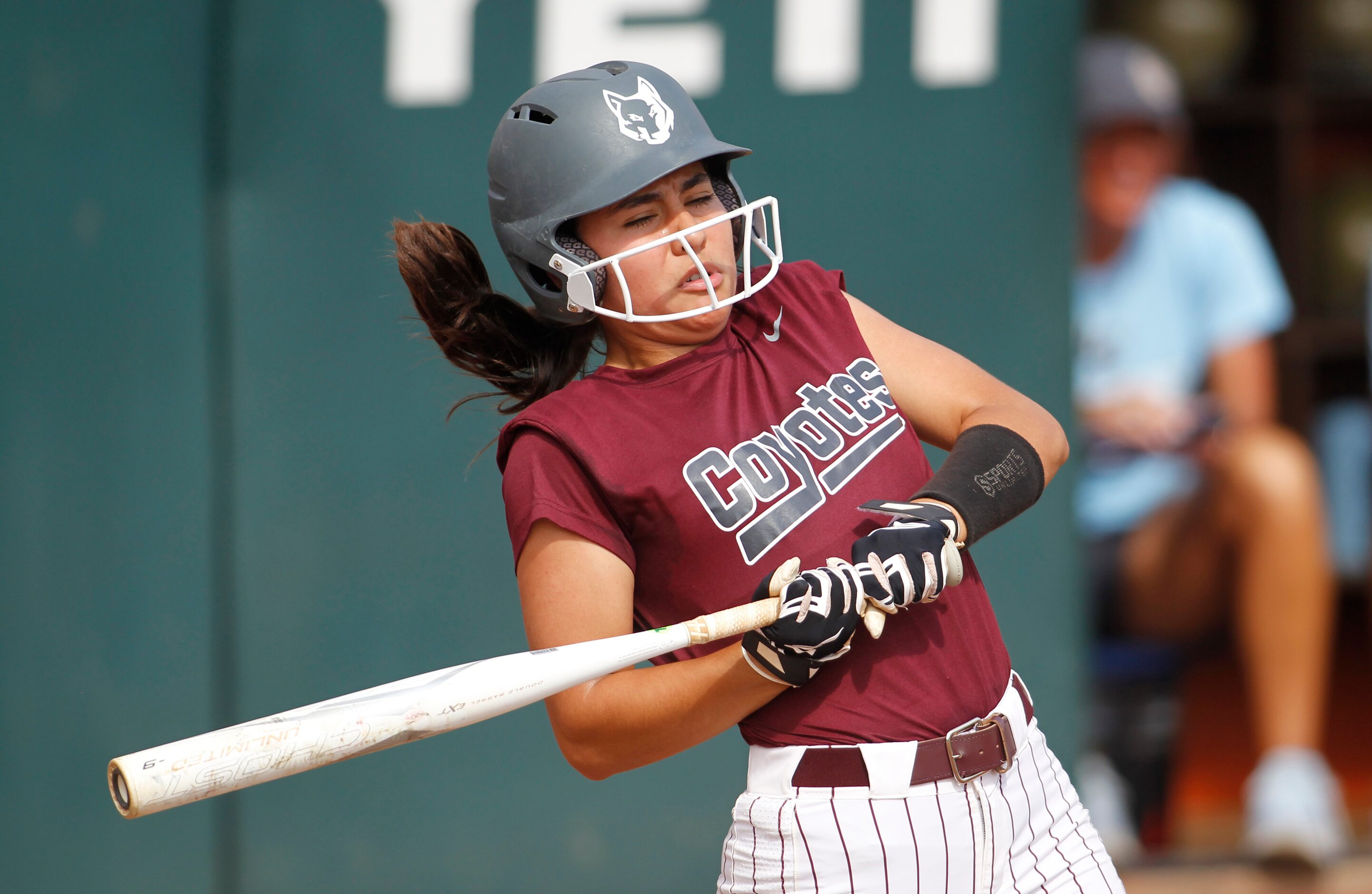 Frisco Heritage batter Vyanna Quezada (7) reacts to an inside pitch during the top of the...