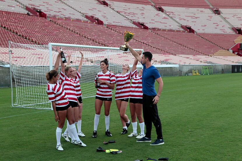 The women put on their game faces for a soccer match  to win time to hang out with bachelor...