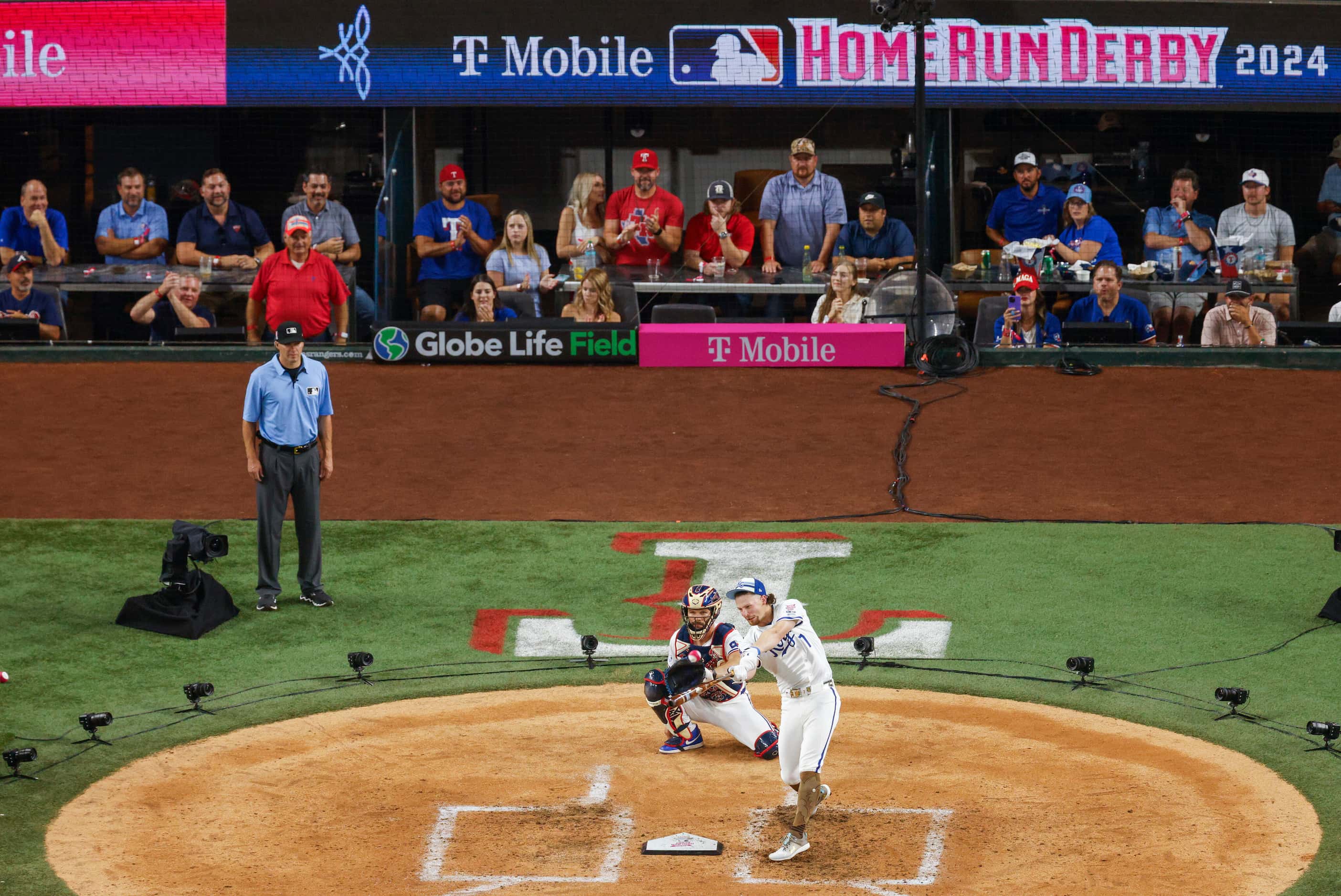 American League's Bobby Witt Jr., of the Kansas City Royals, hits a home run during the MLB...