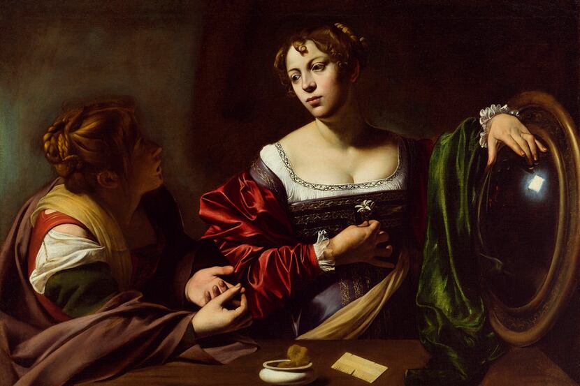 Martha and Mary Magdalene, by Old Master painter Michelangelo Merisi da Caravaggio, circa...