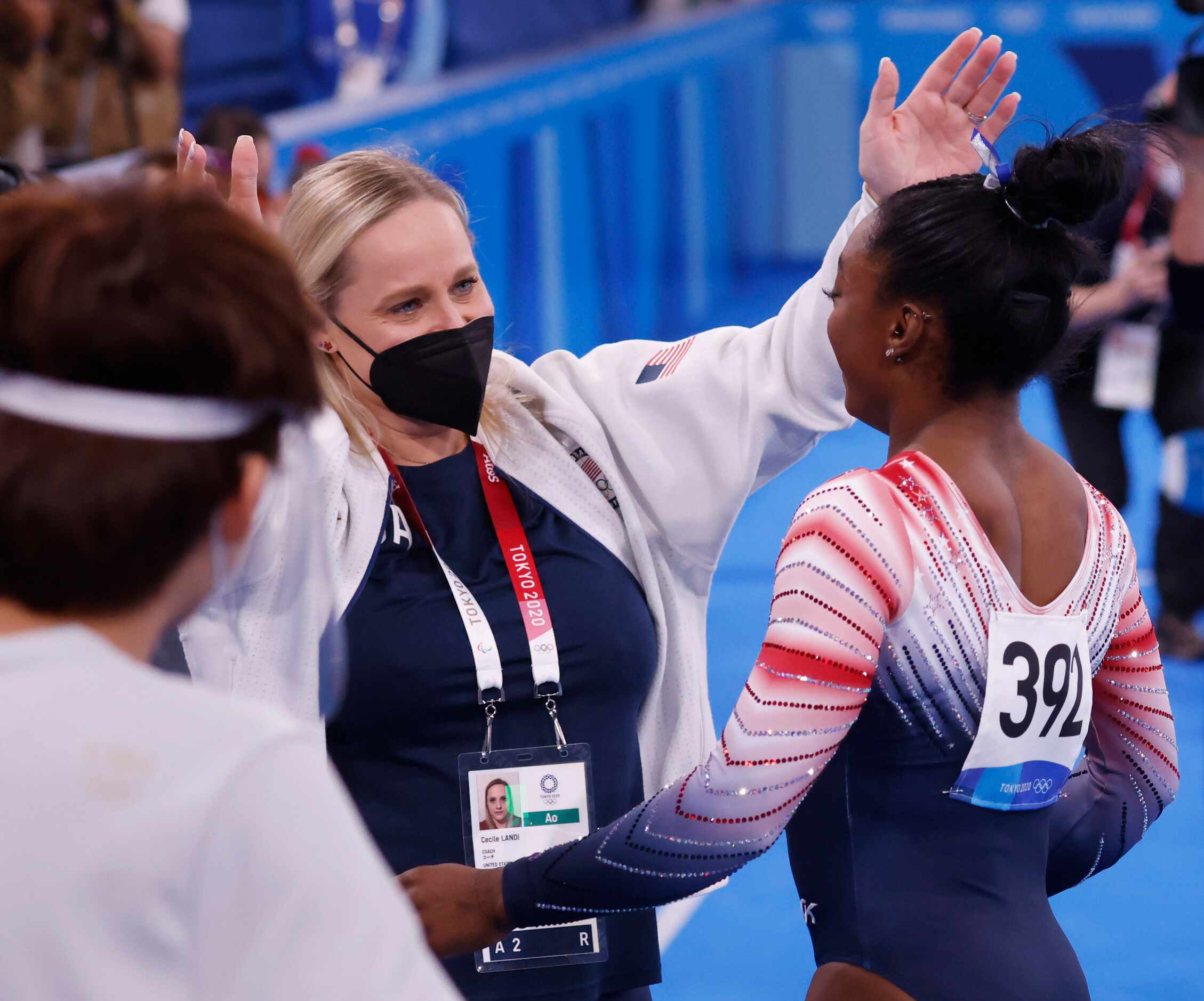 USA’s Simone Biles gets a hug from her coach Cecile Landi after competing in the women’s...
