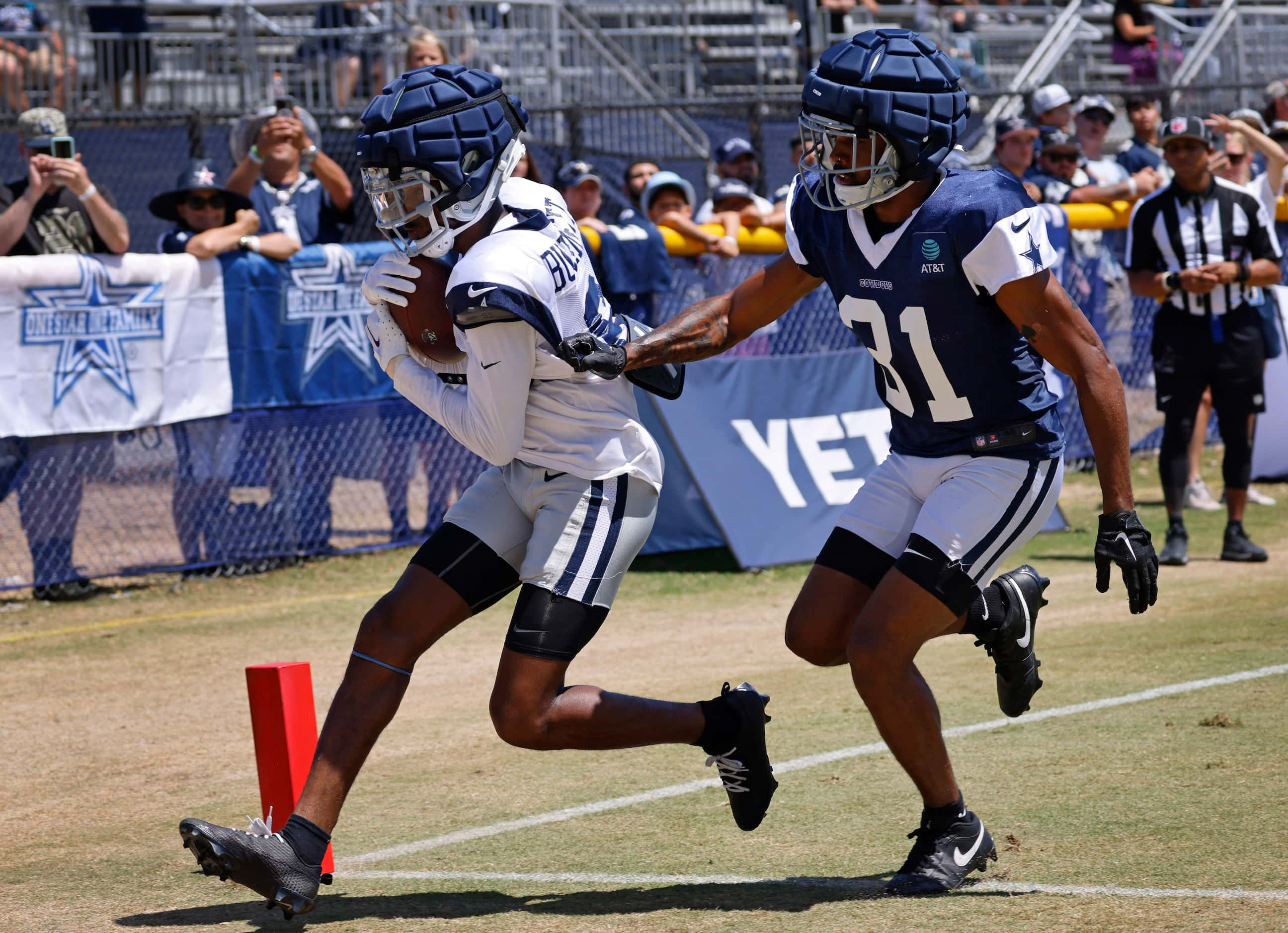 Dallas Cowboys wide receiver Jalen Brooks (83) catches a touchdown in the end zone as he’s...