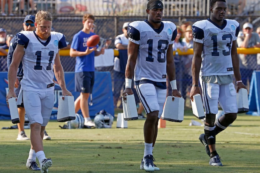 From left, Dallas Cowboys wide receivers Cole Beasley, Marchie Murdock and Michael Gallup...