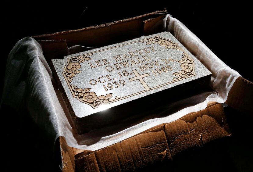 
The original tombstone of Lee Harvey Oswald is photographed in Poor David's Pub in Dallas...