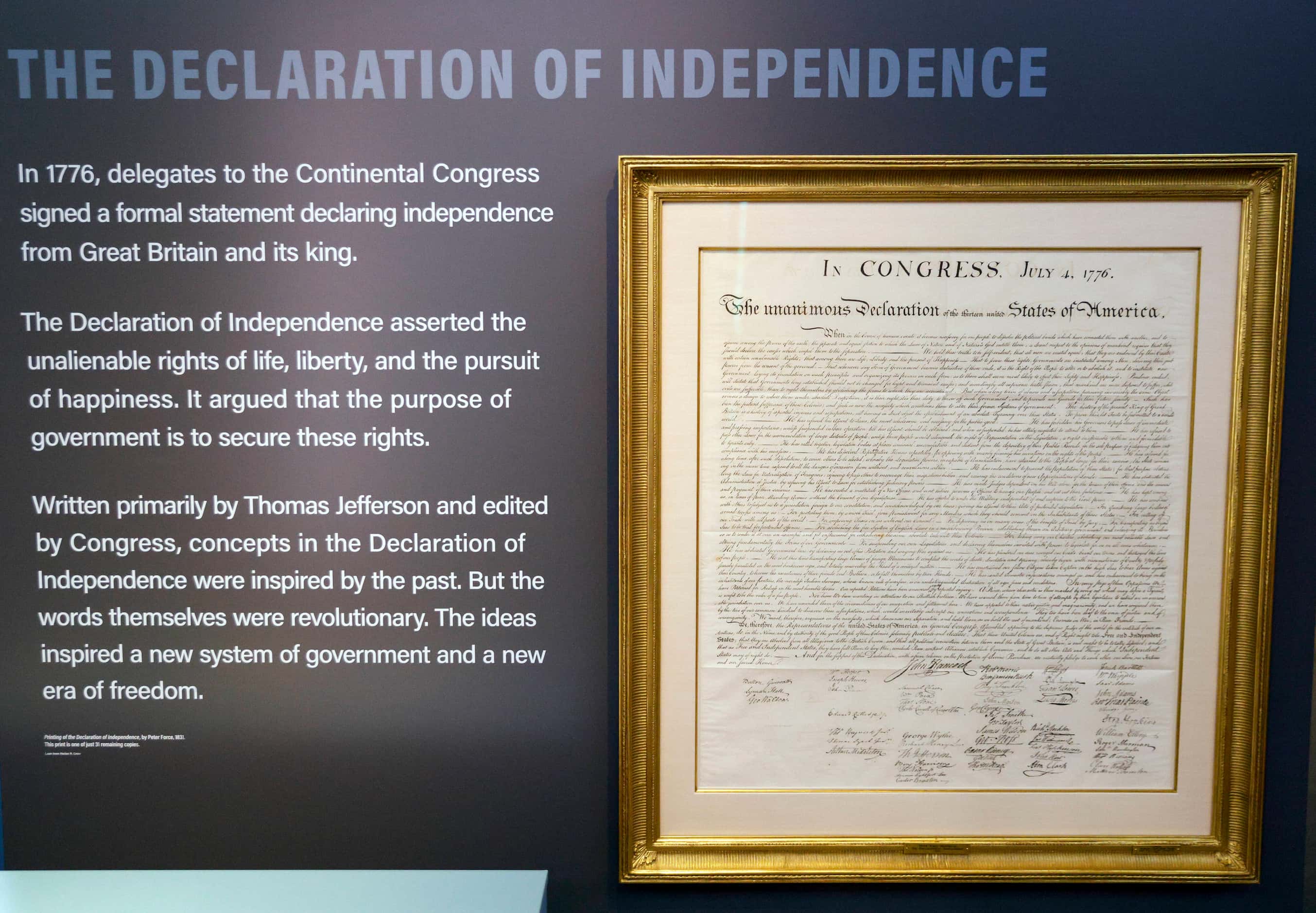 A printing of the Declaration of Independence by Peter Force from 1831 hangs on display at...