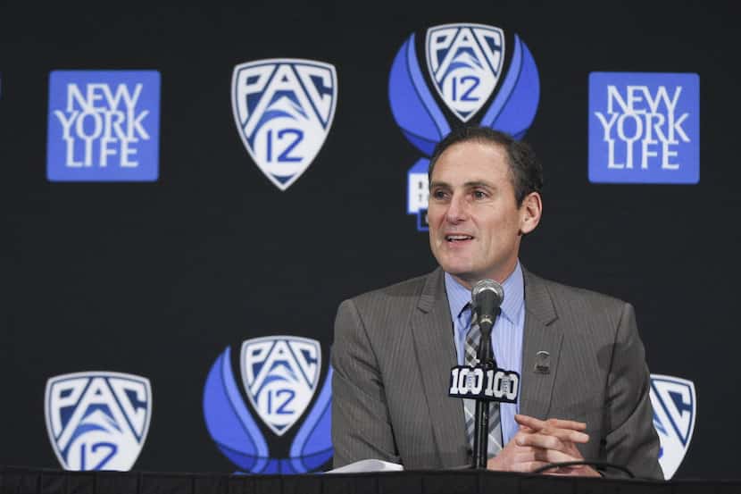 March 11, 2016; Las Vegas, NV, USA; Pac-12 commissioner Larry Scott addresses the media in a...