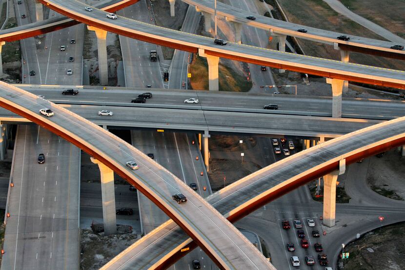An aerial view of the Sam Rayburn Tollway as it crosses the Dallas North Tollway. The Colony...