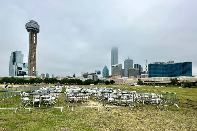 Clouds are shown over Reunion Tower and the Dallas skyline on eclipse day, April 8, 2024, in...