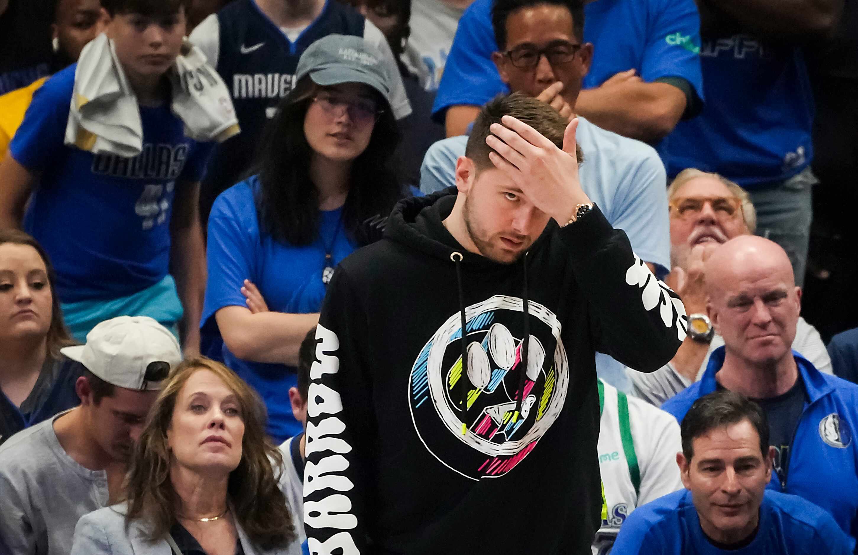 Dallas Mavericks guard Luka Doncic reacts on the bench during the second quarter in Game 1...