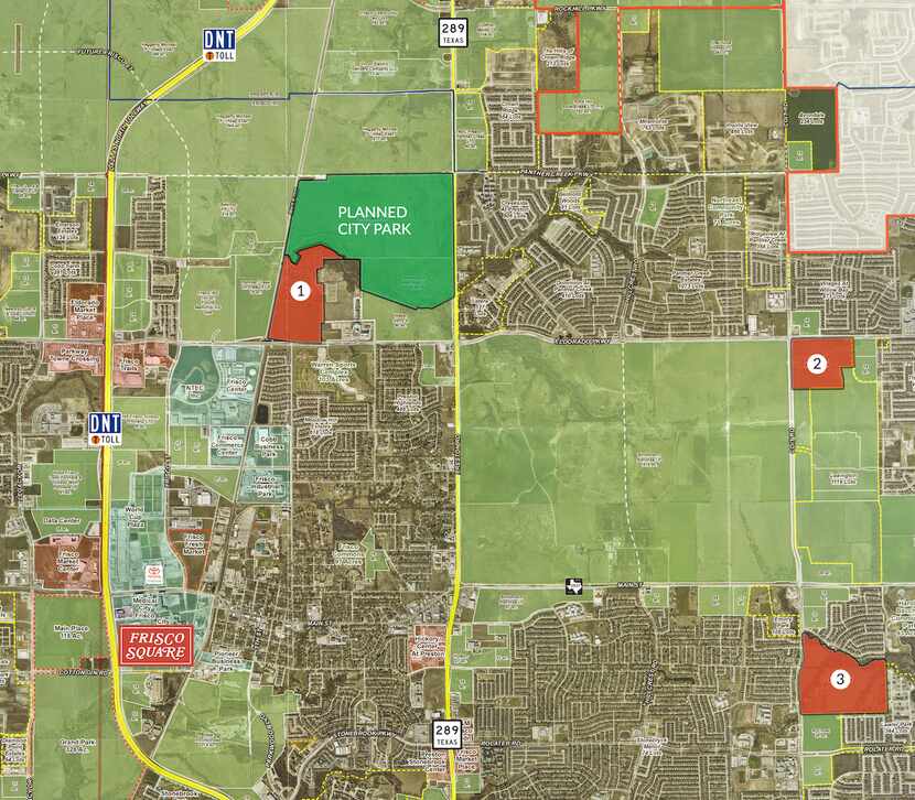 Green Brick Partners' new Frisco projects marked in red and numbered 1 through 3 will be...
