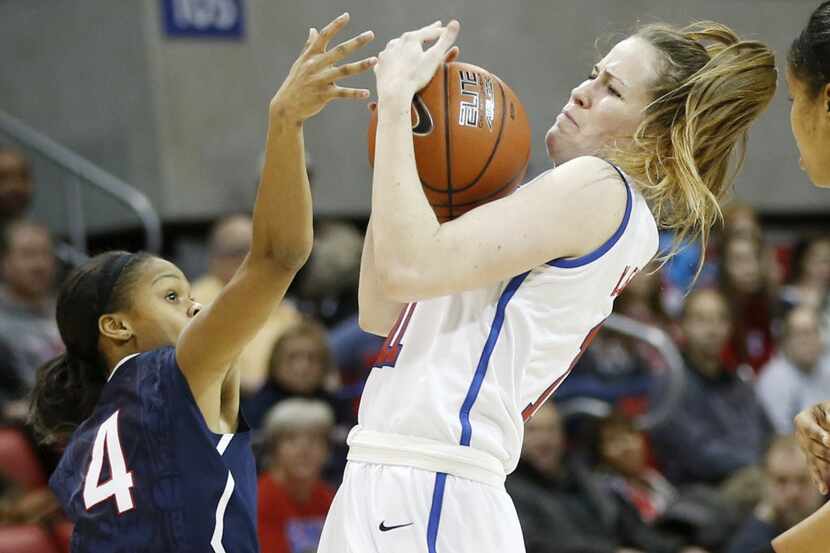 Southern Methodist Mustangs forward Keely Froling (11) attempts to gain control of the ball...