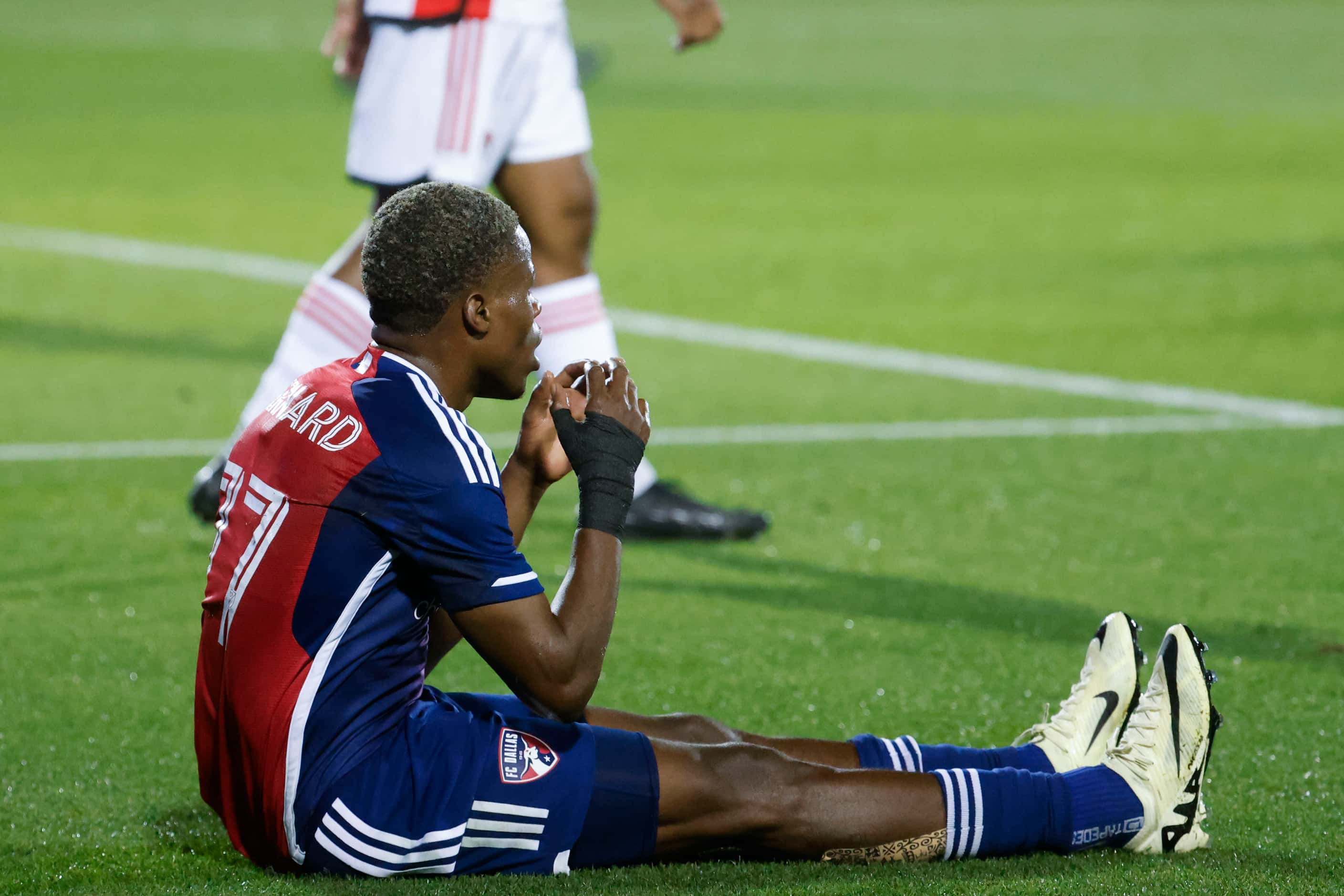 FC Dallas forward Bernard Kamungo reacts after missing to score during the second half of an...