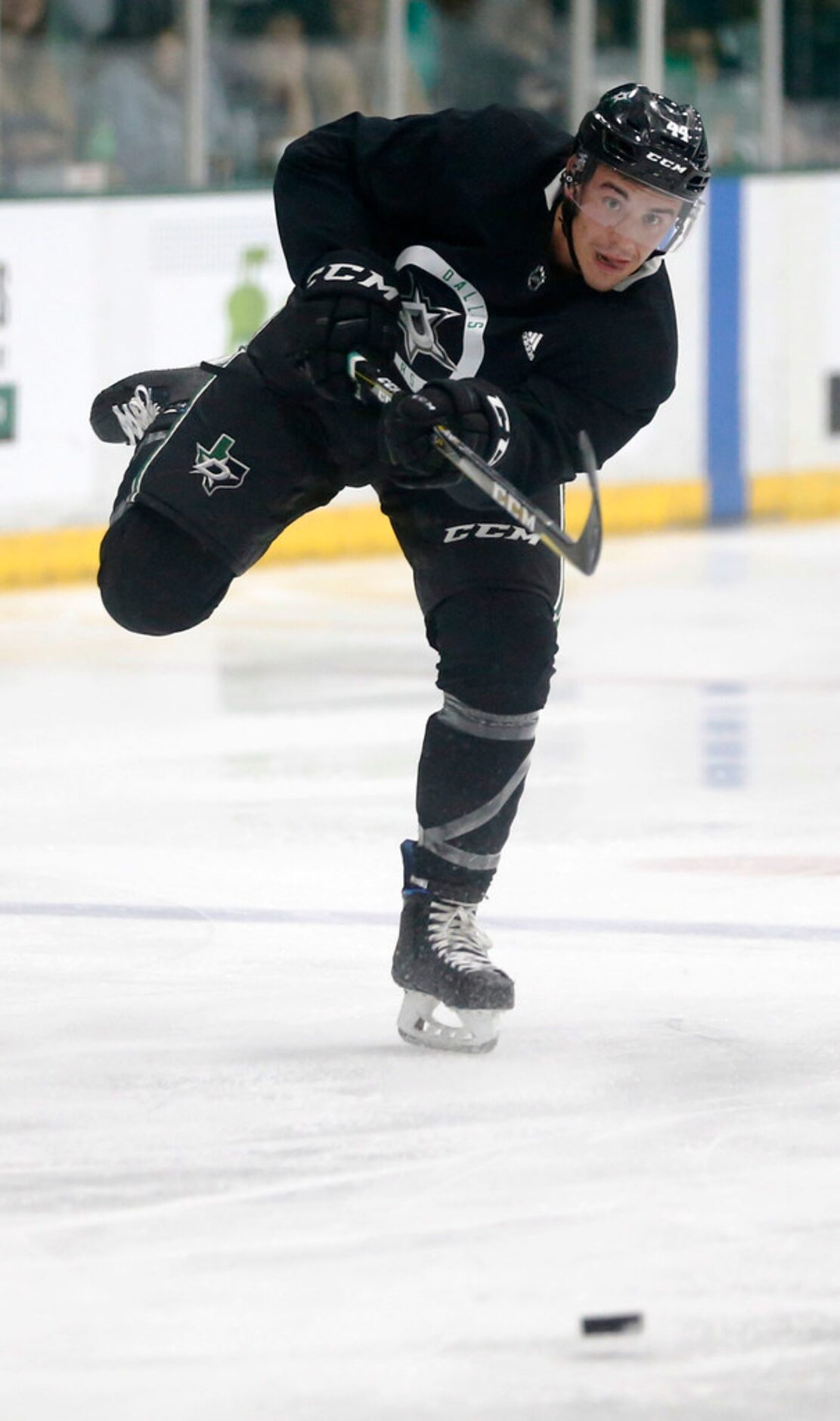 Dallas Stars Gavin Bayreuther (44) takes a shot on goal during Dallas Stars training camp at...