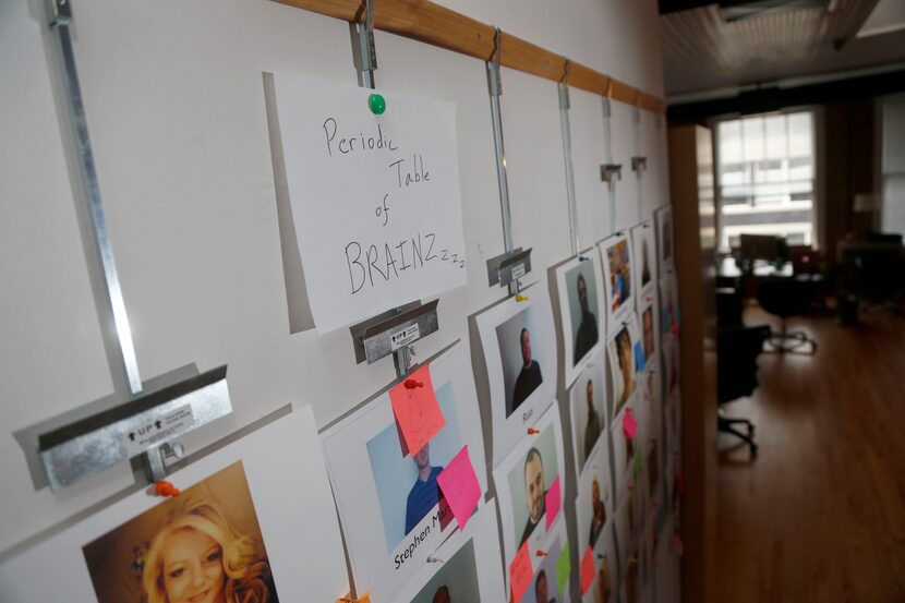 Employee photos are dispayed on the Periodic Table of Brainzzz at  Brainspace, in Dallas on...