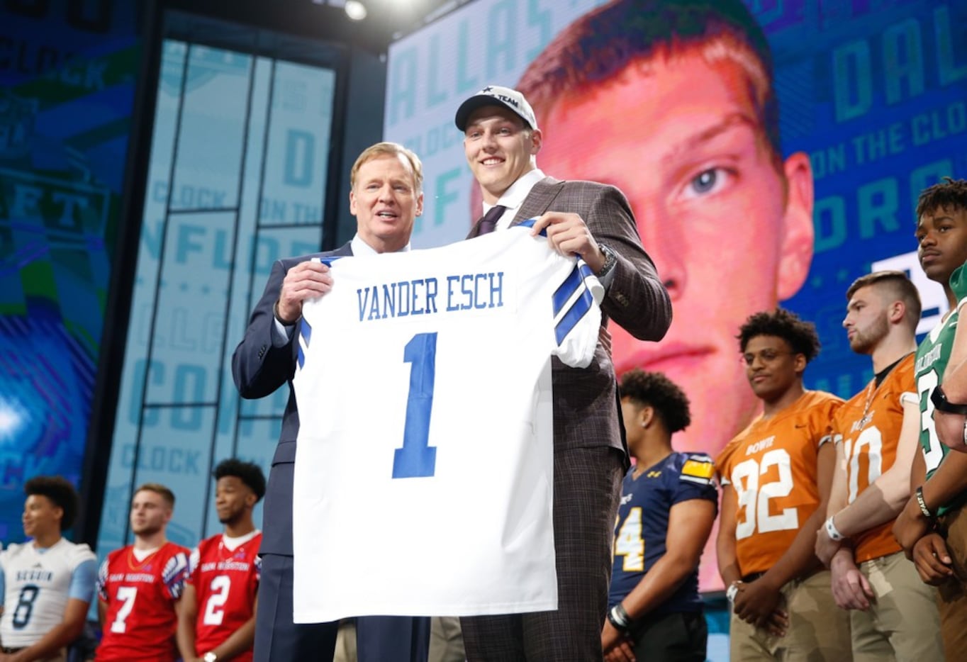Dallas Cowboys pick Leighton Vander esch during the first round of the NFL Draft at AT&T...