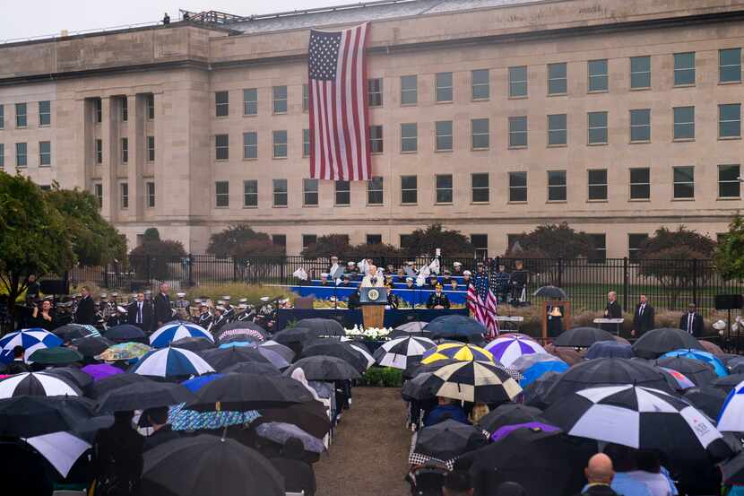 President Joe Biden speaks during a ceremony at the Pentagon in Washington, Sunday, Sept....