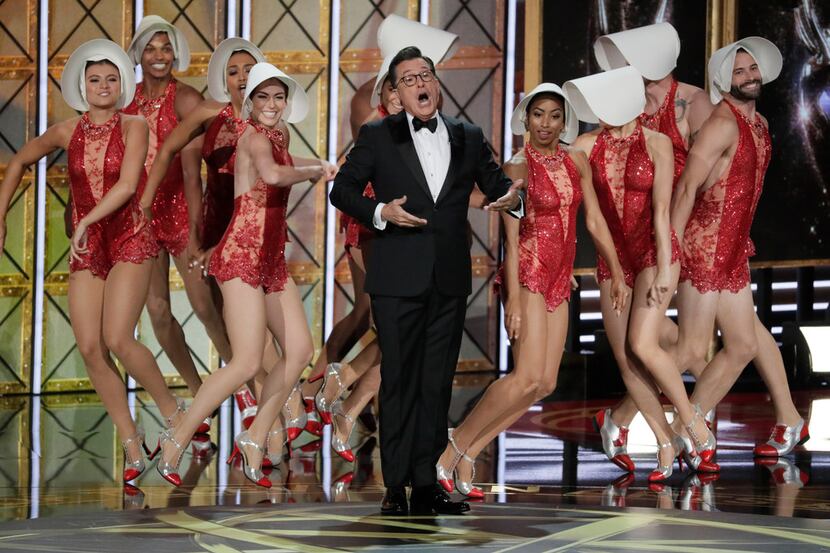 A dance performance lead by the host Stephen ColbertÂ during the show during the show at the...