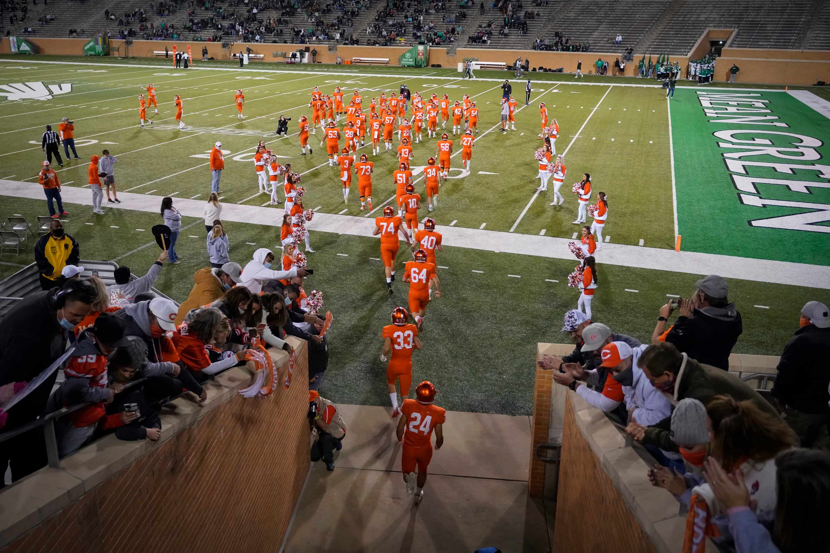 Celina players take the field before a Class 4A Division II Region I semifinal playoff high...