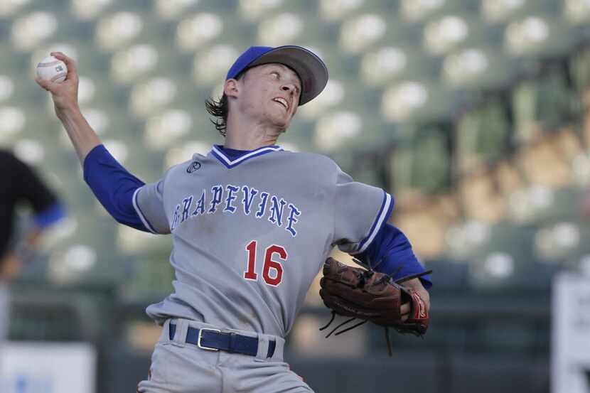 Grapevine's Connor Neuman pitches against San Antonio Alamo Heights during the UIL State...