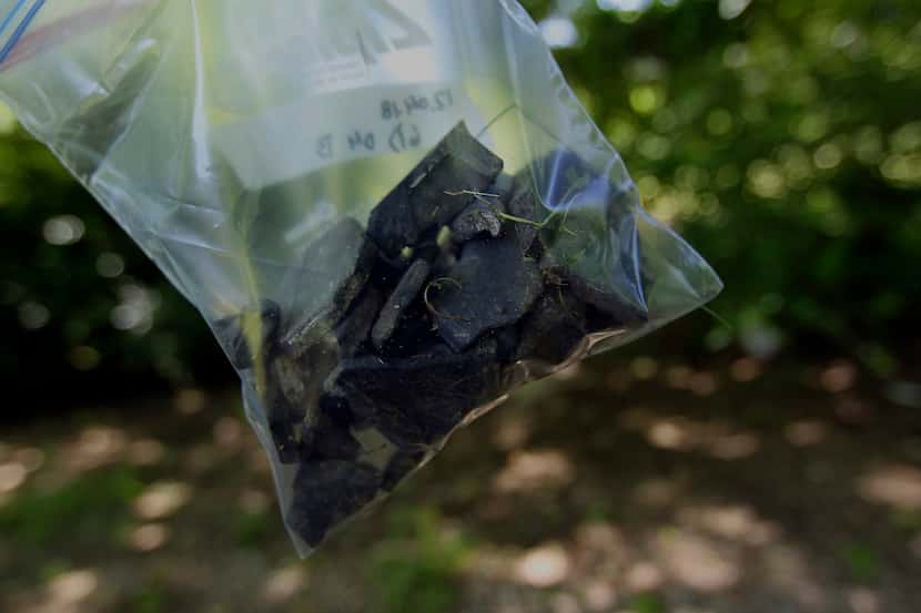 A bag of battery chips was collected from Davidlee and Maggie Ramos' West Dallas back yard...