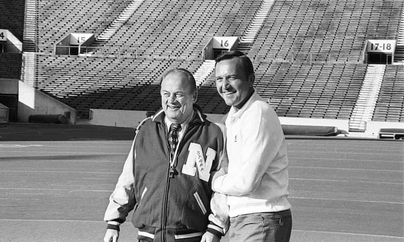 FILE - In this Nov. 24, 1971 file photo, Nebraska head coach Bob devaney, left, poses with...