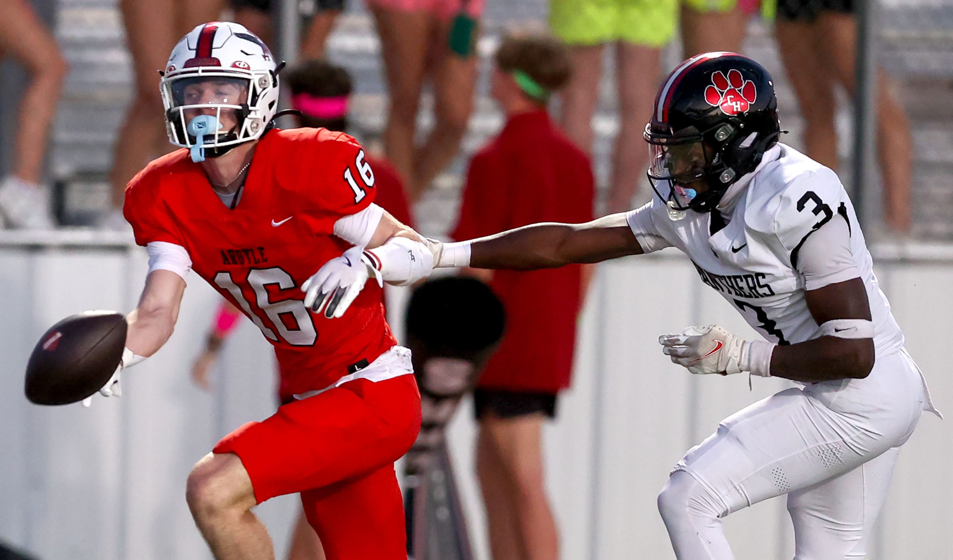 Argyle wide receiver Grant Romero (16) can't come up with a catch against Colleyville...