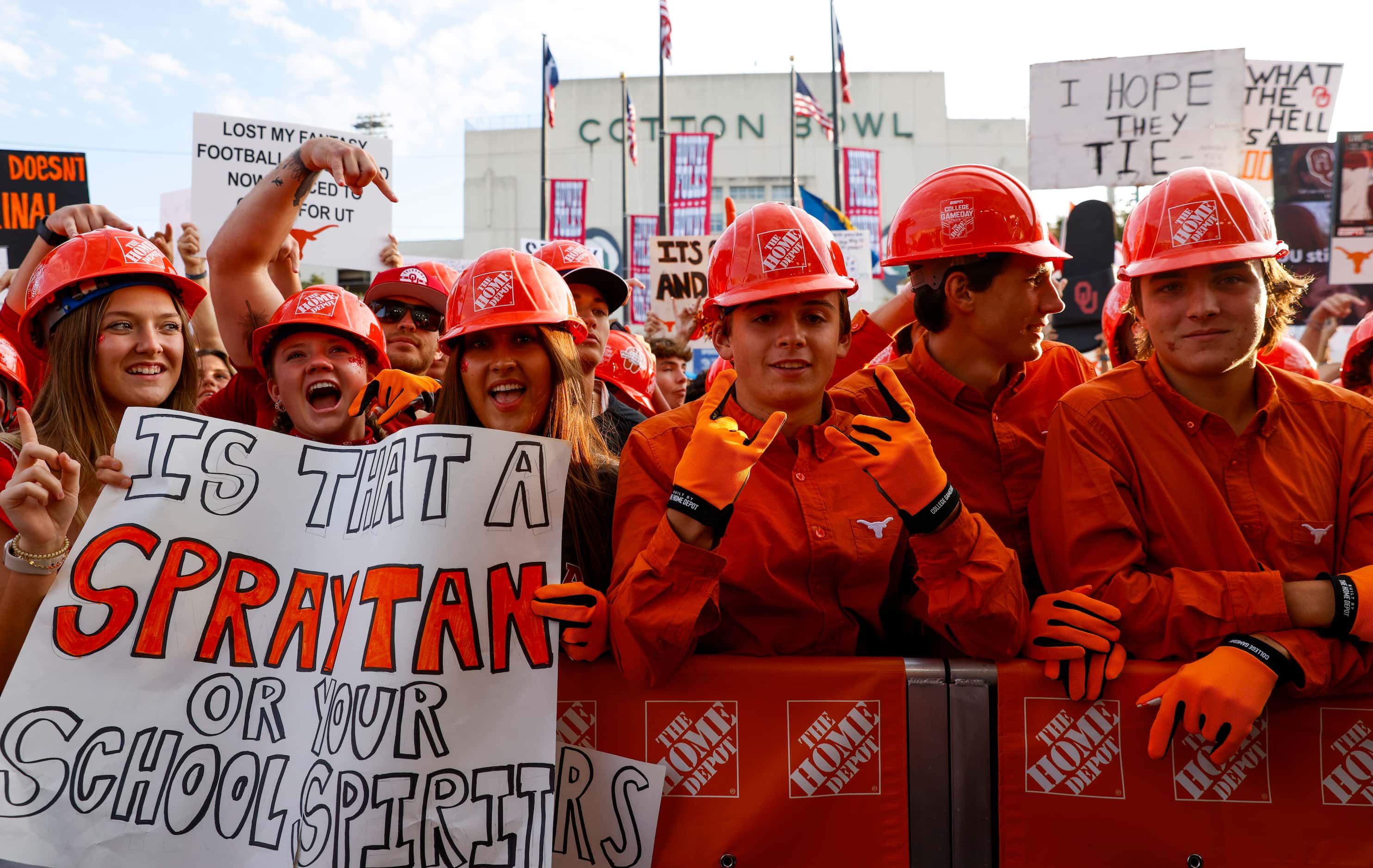 Fans gather ahead of the Red River Showdown outside of the Cotton Bowl for ESPN Game Day, on...