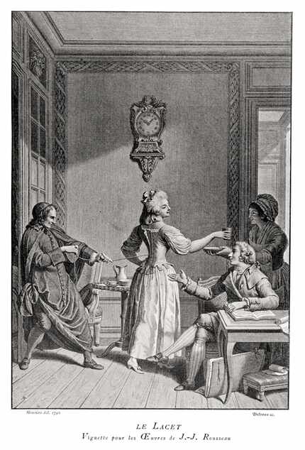 Vintage engraving of a woman having the laces of her corest tightened by a priest, France 1795