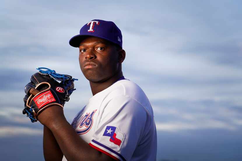 Texas Rangers pitcher Demarcus Evans pictured during photo day at the team's spring training...