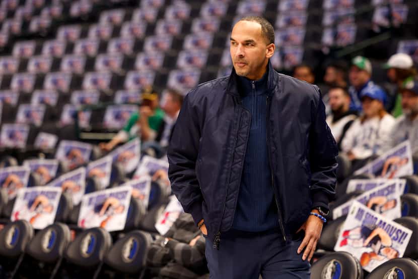 Dallas Mavericks general manager Nico Harrison watches warm ups before an NBA game against...