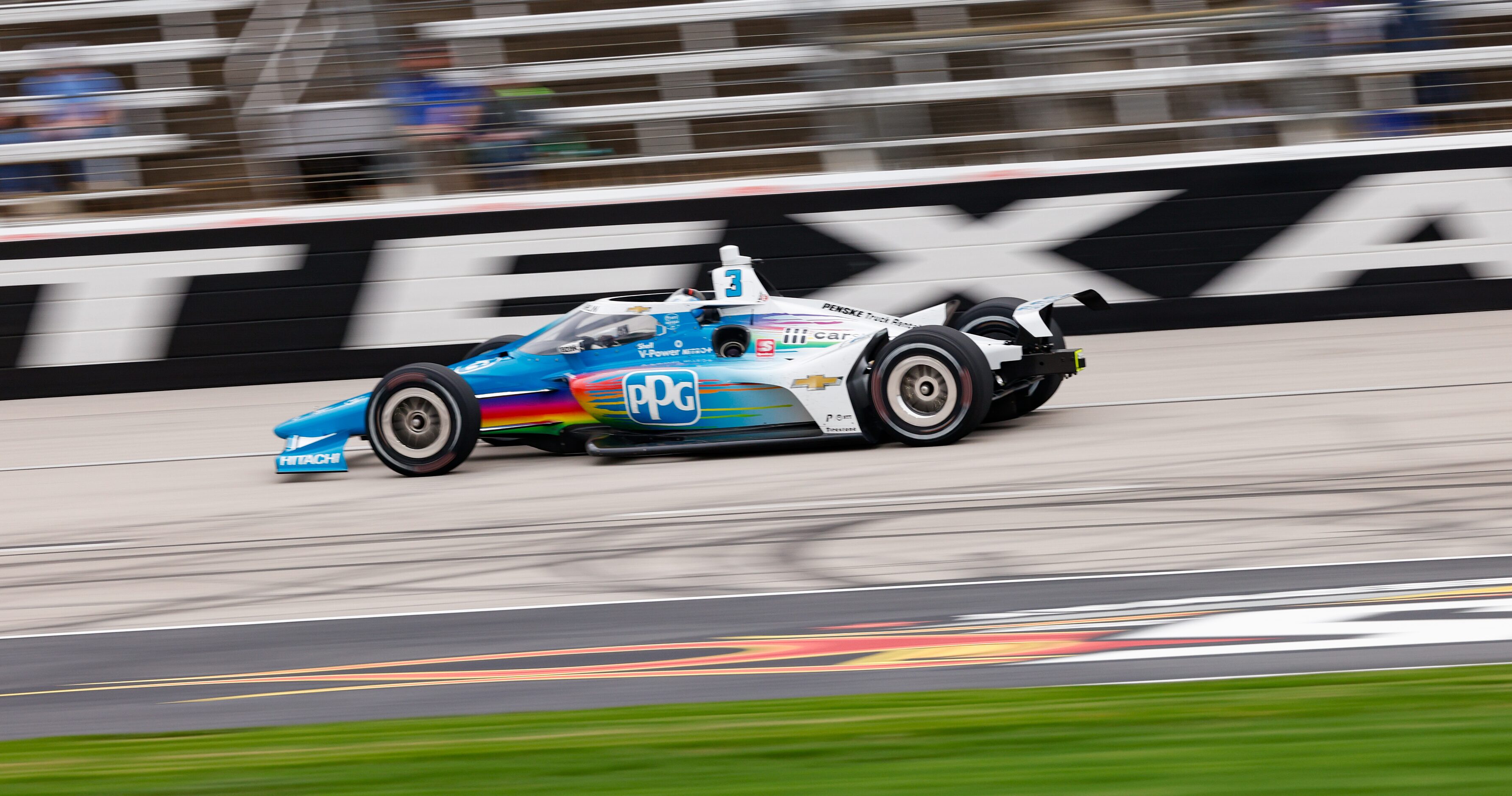 Scott McLaughlin (#3) races during the IndyCar Genesys 300 at Texas Motor Speedway on...