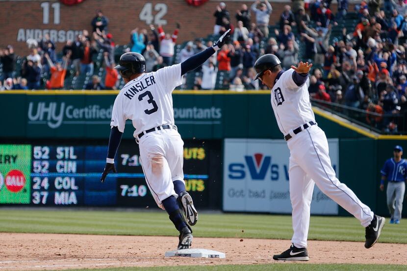 DETROIT, MI - APRIL 02: Ian Kinsler #3 of the Detroit Tigers celebrates his 10th inning game...