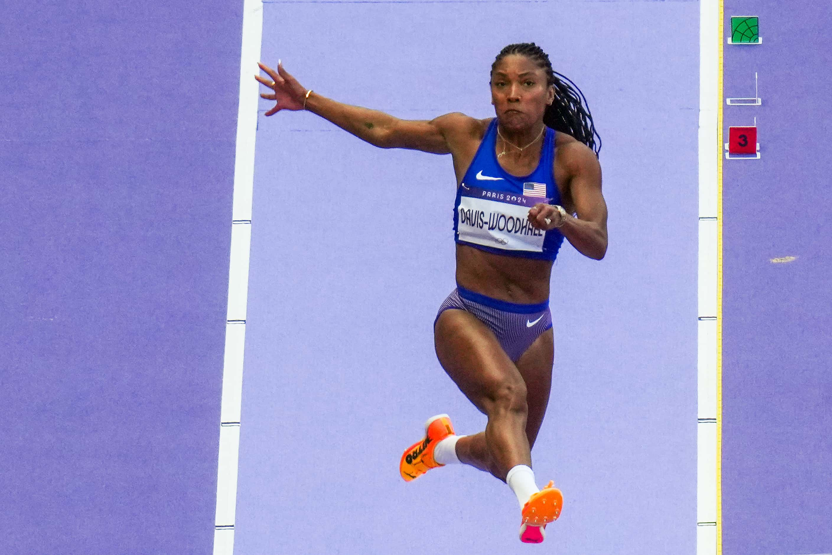 Tara Davis-Woodhall of the United States competes in women’s long jump qualification at the...