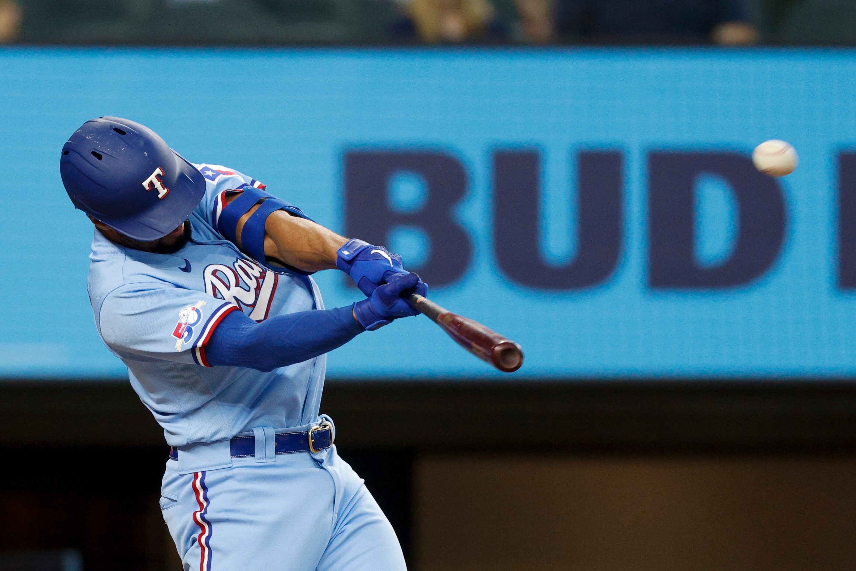 Texas Rangers second baseman Marcus Semien (2) hits a home run during the third inning of a...