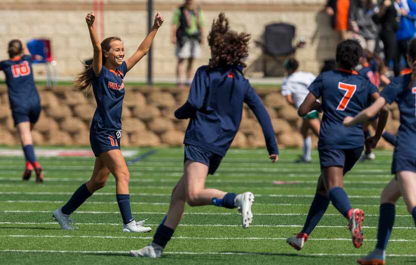Frisco Wakeland's Gracie Brian (17) celebrates a 3-0 win over Humble Kingwood Park during...
